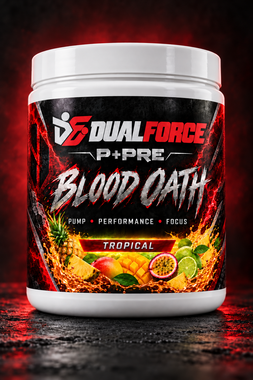 DualForce Blood Oath Tropical pre-workout tub